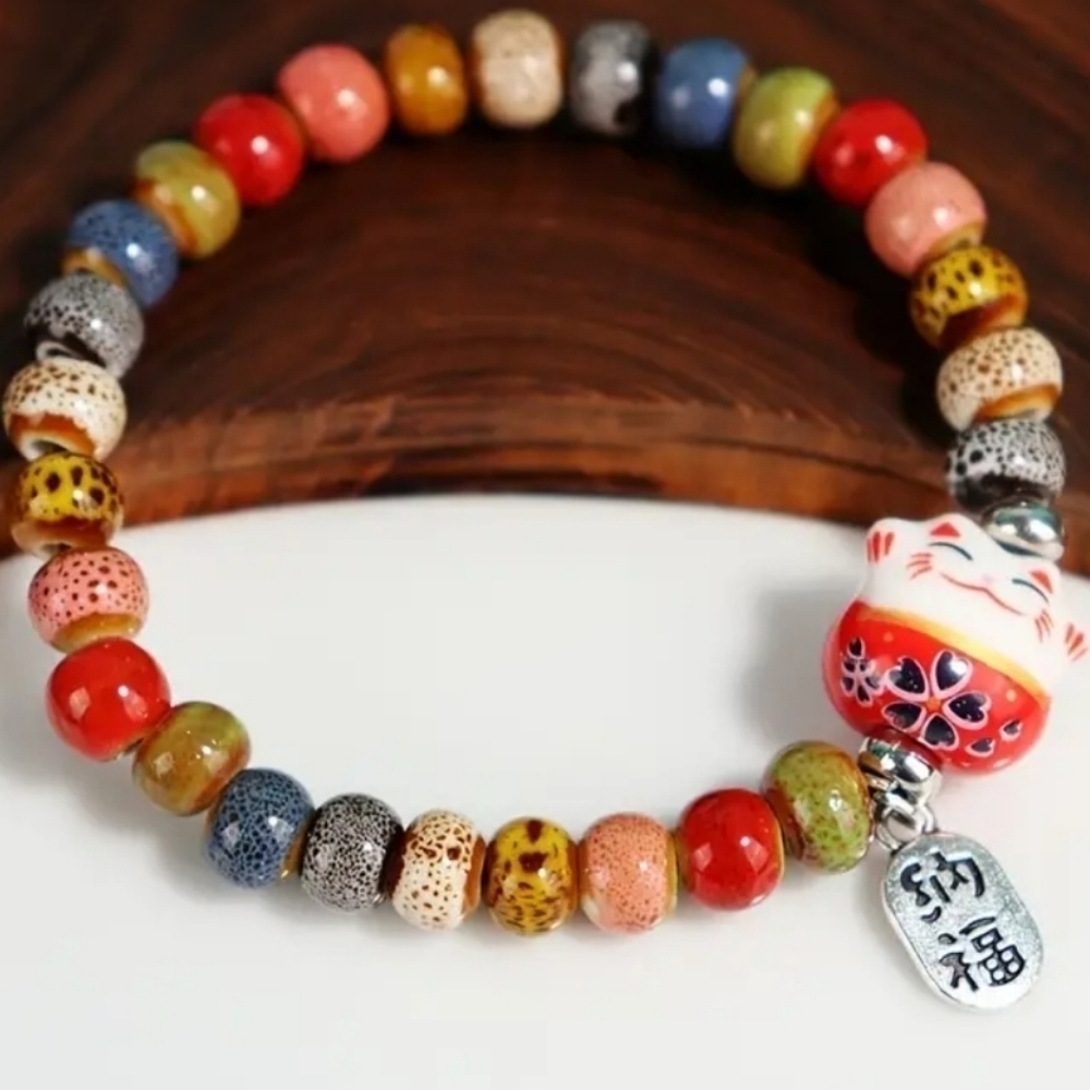New Beaded with Ceramic Lucky Cat charm